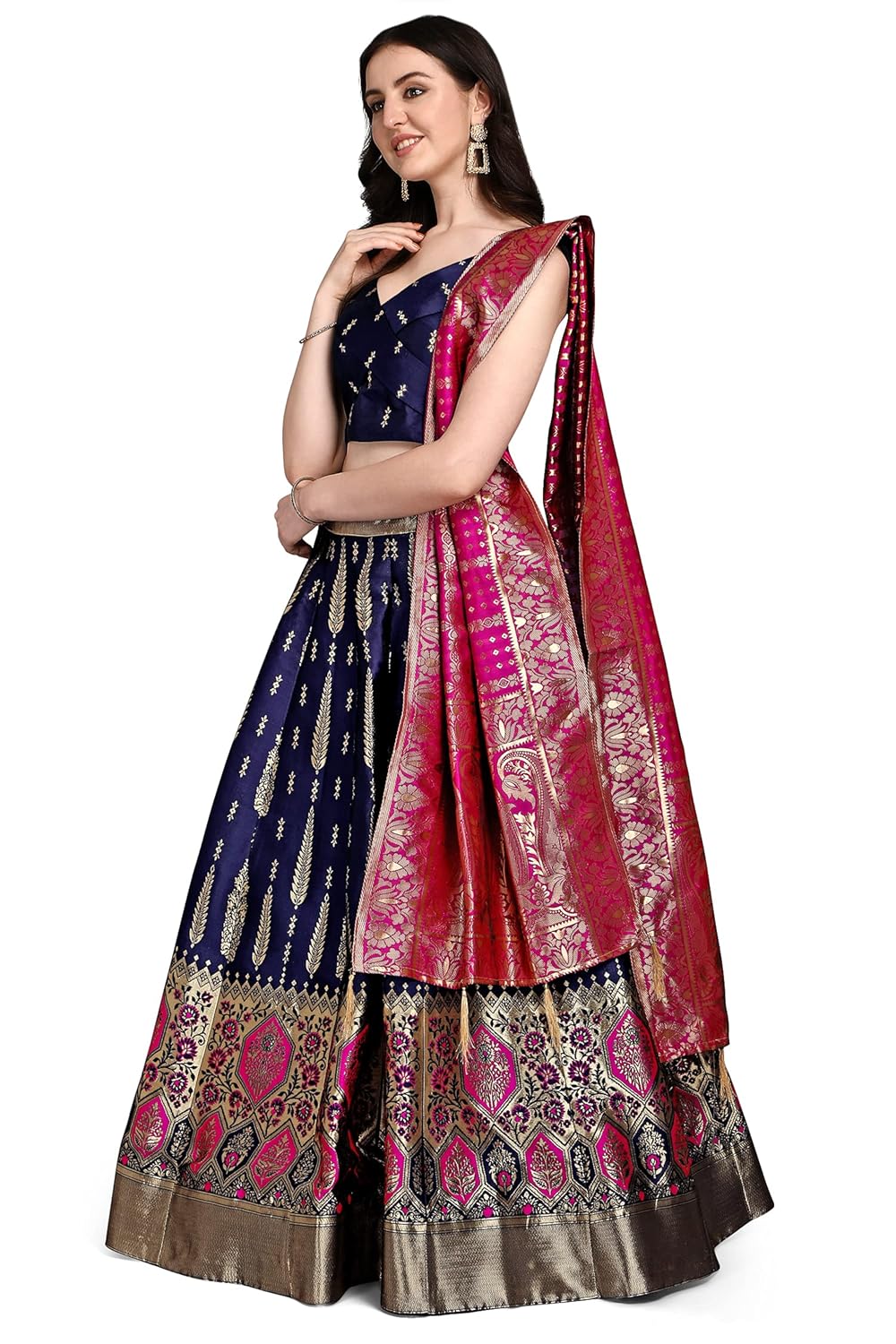 PURVAJA Women's Jacquard Semi-Stitched Lehenga choli (Swastik-Navy-Blue_Navy-Blue_Free Size)