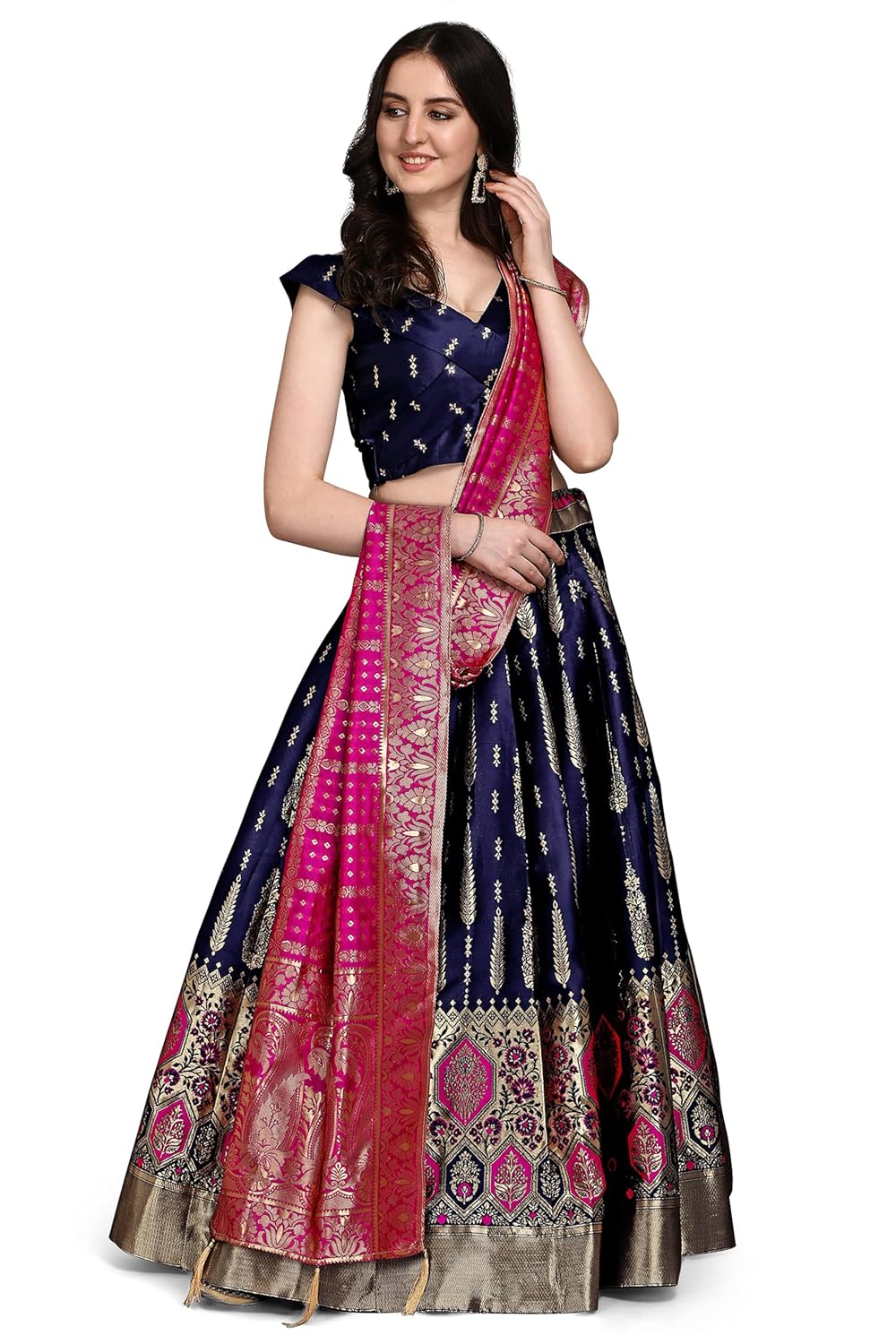 PURVAJA Women's Jacquard Semi-Stitched Lehenga choli (Swastik-Navy-Blue_Navy-Blue_Free Size)