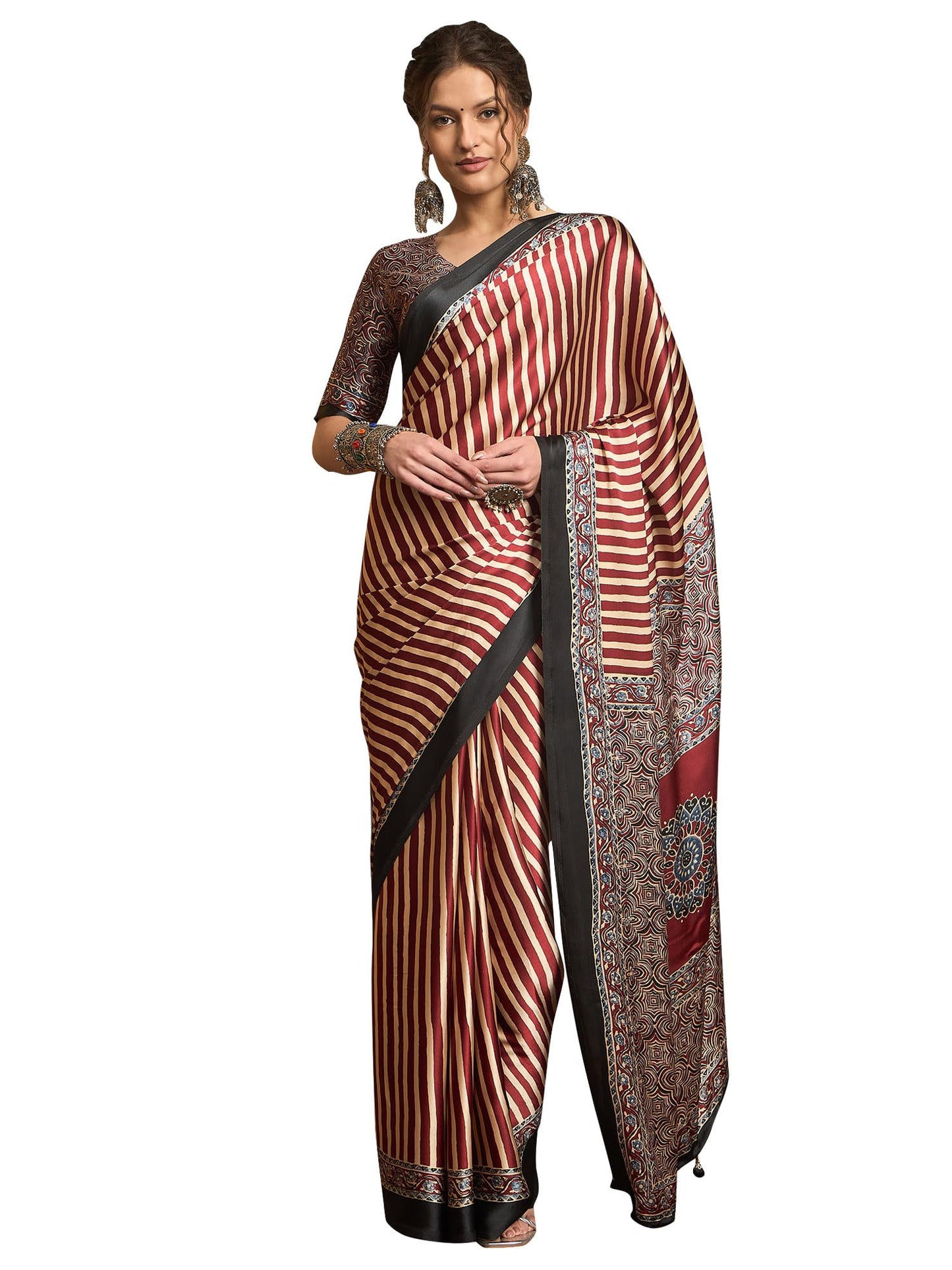 AKHILAM Women's Pure Crepe Striped Printed Saree With Unstitched Blouse Piece (NORAJRK101_HS_Parent)