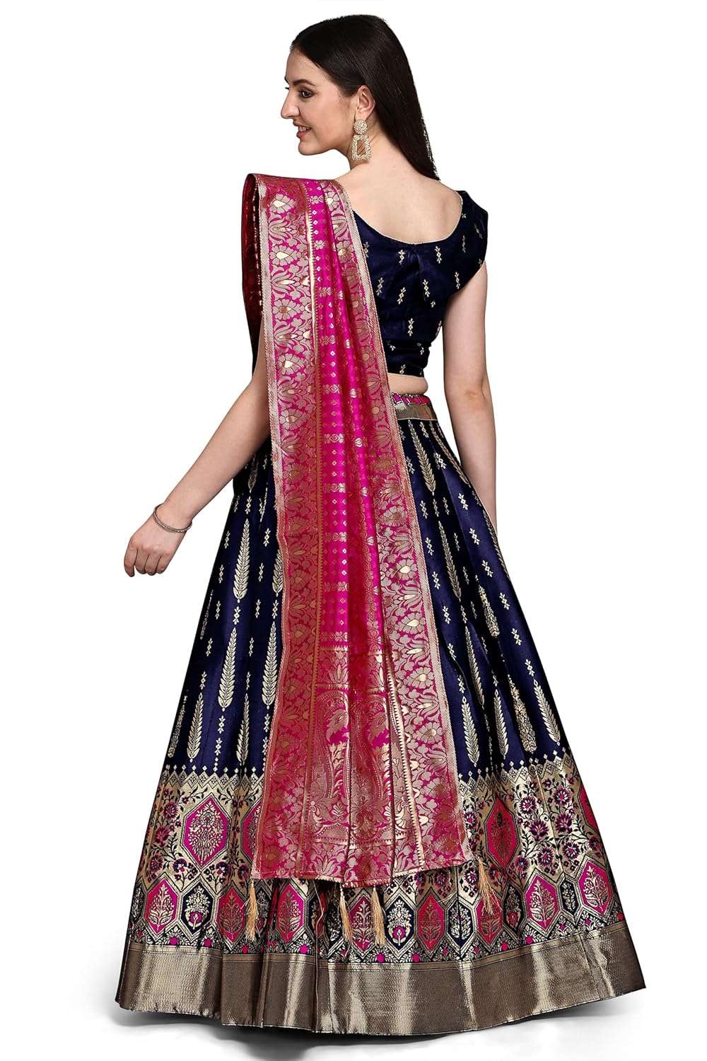 PURVAJA Women's Jacquard Semi-Stitched Lehenga choli (Swastik-Navy-Blue_Navy-Blue_Free Size)