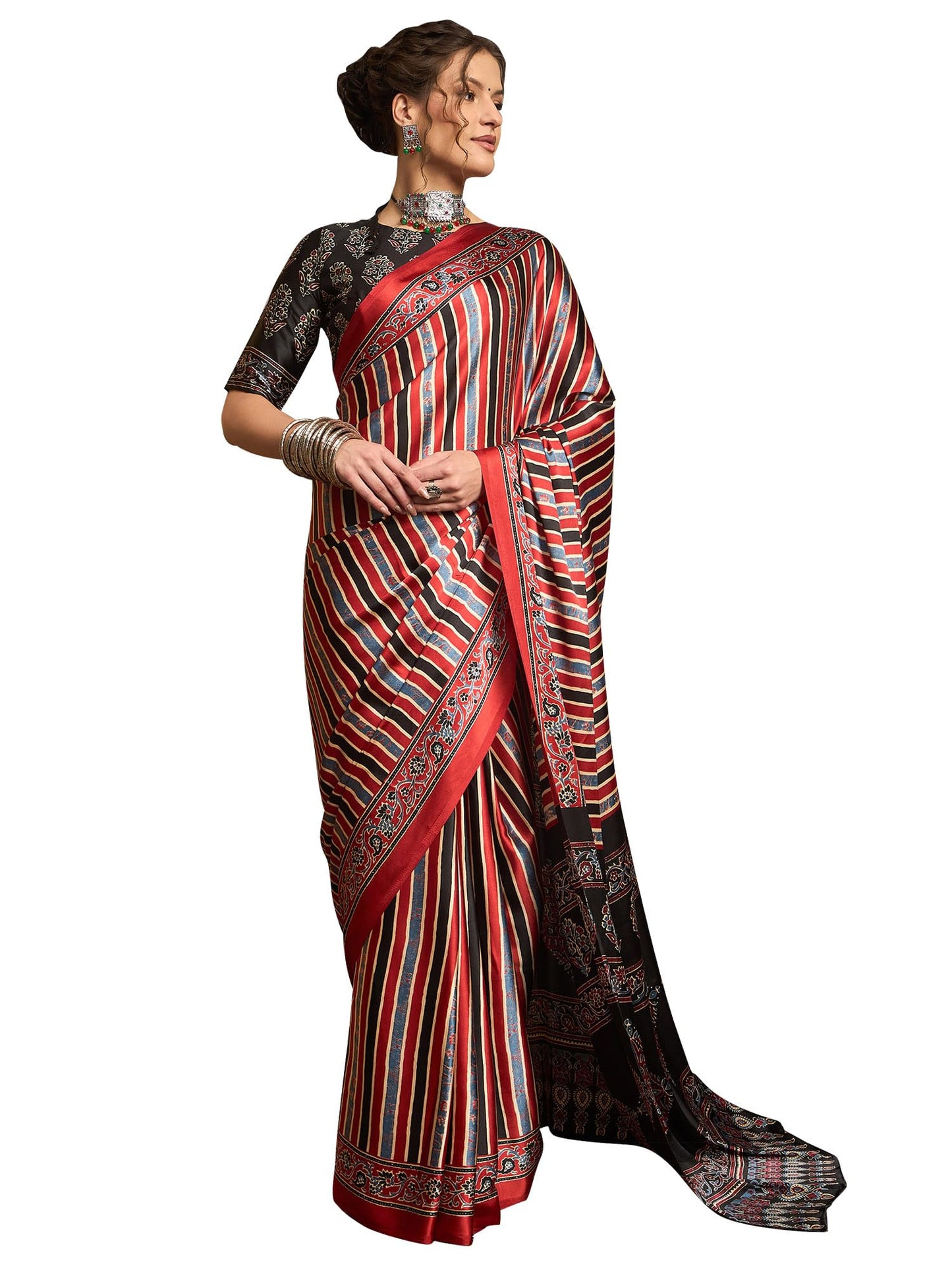 AKHILAM Women's Pure Crepe Striped Printed Saree With Unstitched Blouse Piece (NORAJRK101_HS_Parent)