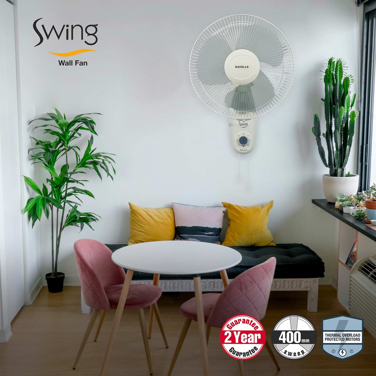 Havells Gatik Pro 400mm Wall Mount Fan|RPM: 1350|Double string for Speed & Oscillation control | Thermal Overloaded Protected Motor | 100% Copper Wire Winding Motor | 2 Year Warranty,230 Volts(Black)