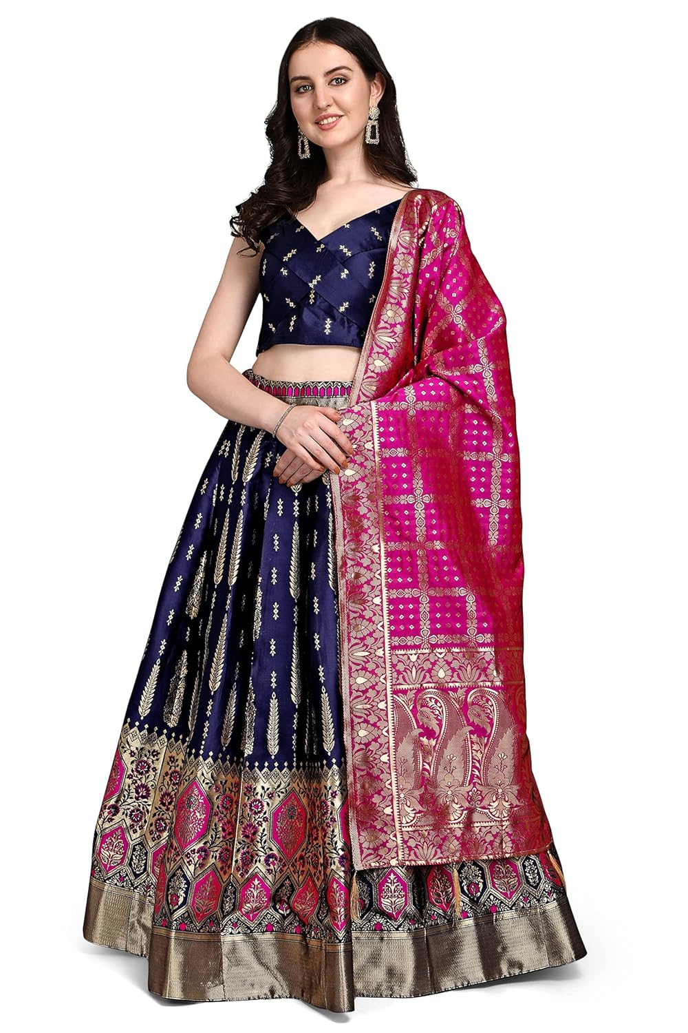 PURVAJA Women's Jacquard Semi-Stitched Lehenga choli (Swastik-Navy-Blue_Navy-Blue_Free Size)