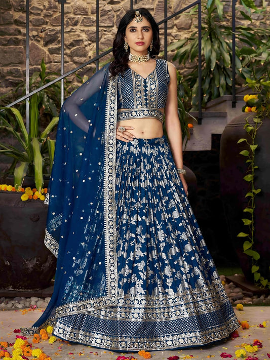 Zeel Clothing Women Dola Silk Semi stitched Sequins Zari Embroidered Jacquard Lehenga Choli With Dupatta (7100-Latest, Free size)